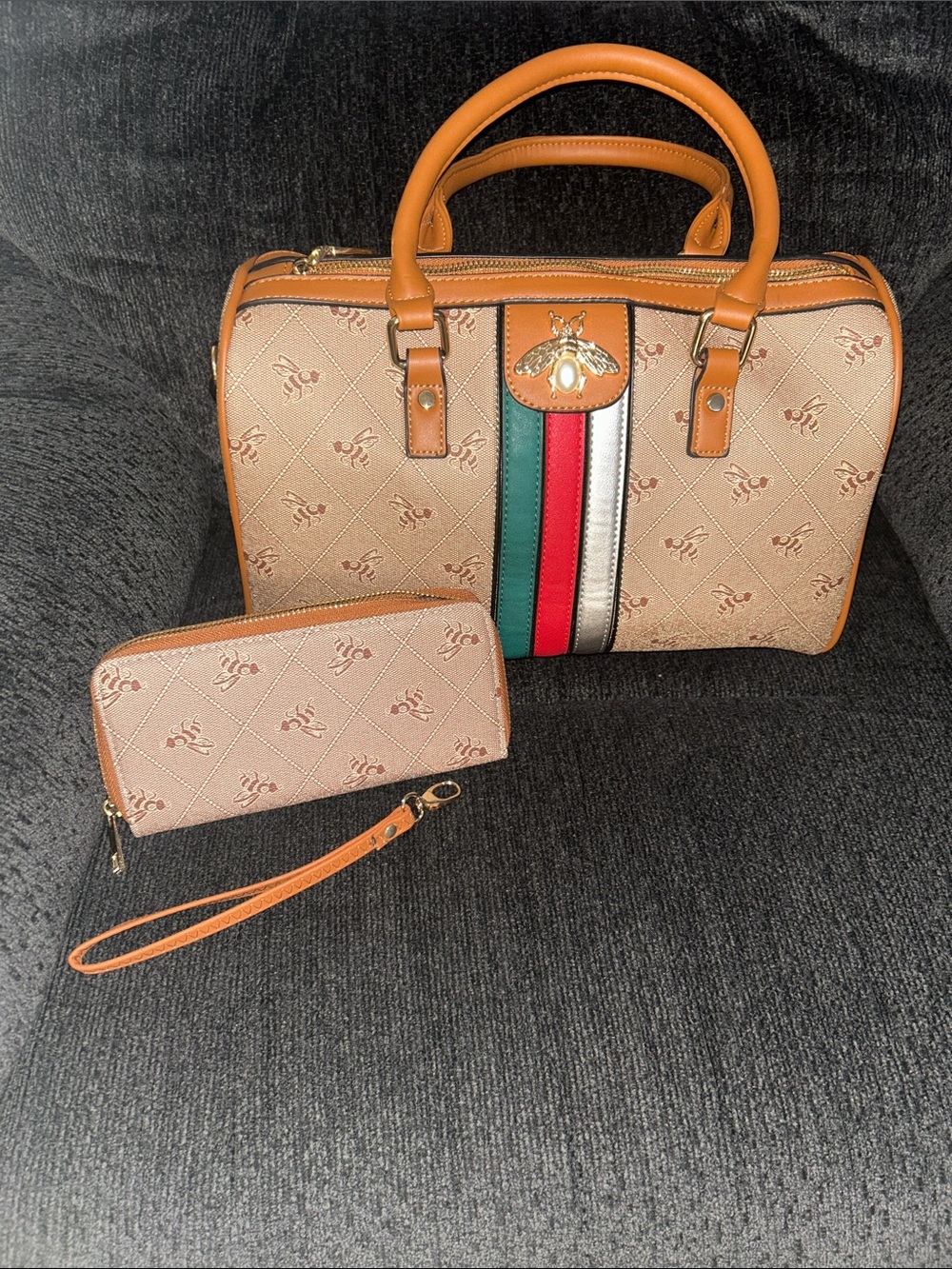 Vegan Leather Beige and Tan Structured Satchel with Red-Green Accent Stripe